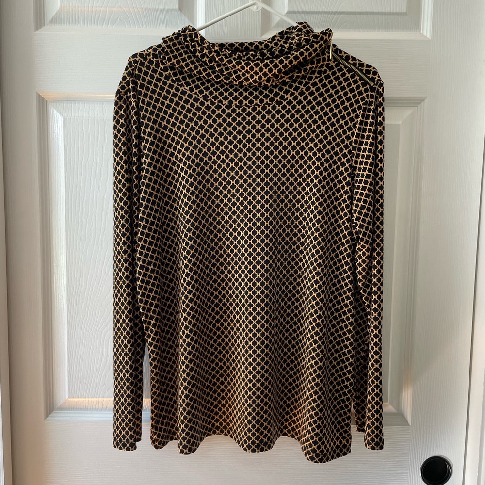 CHAUS Women’s Long Sleeve Black Gold Geometric Blouse Zip Collar Size Large